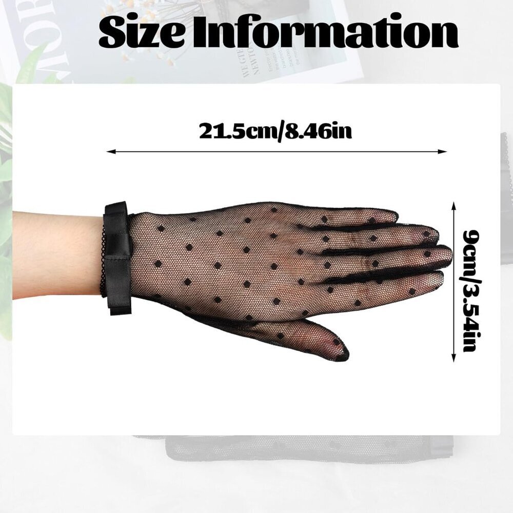 Women's Black Short Mesh Lace Gloves Polka Bow Dots Vintage Tea Party Dinner - Picture 2 of 7